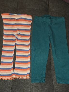 Legging Set - Striped Blue Orange Pink Cream Ribbed Leggings + Green Leggings
